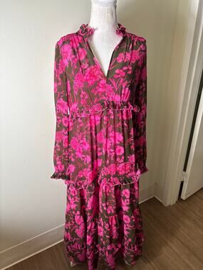 ME+EM Brown and Pink Floral Long Sleeve Maxi Dress Sz 6